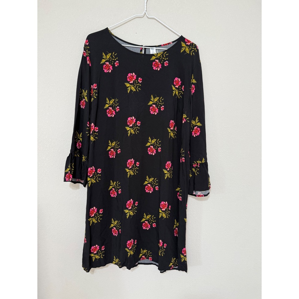 Old Navy Floral Mini Dress Women XL Black Pink Rose Ruffle Bell Sleeve Shift